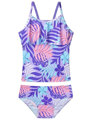 Image of Girls Tankini Swimsuit UPF50+ Ruffle 2 Piece Bathing Suit Full Coverage Kids Swimwear Ages 2-14 Years