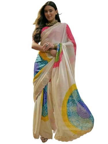 Image of SIRIL Women's Chiffon Scalloped Border Sequins Embroidery Saree with Unstitched Blouse Piece