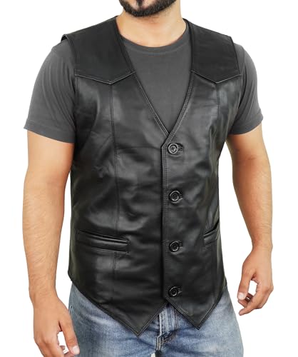 Leather Vest Men – V-Neck Western Biker Style Sleeveless Mens Leather Jacket Motorcycle Riding Vest Cowboy Look
