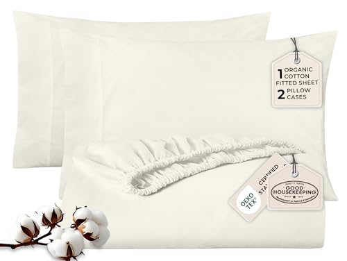 Image of Royale Linens Fitted Sheet With Pillowcase - Twin Fitted Sheets With 1 Pillowcase - 300 Thread Count 100% Organic Cotton - Fit Mattress Up to 18 inch Deep - Ultra Soft & Breathable - Ivory (No Flat Sheet)