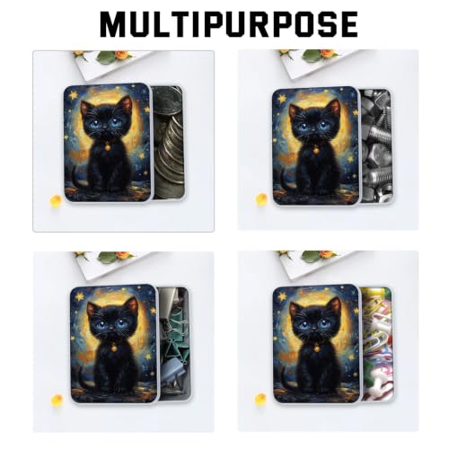 Image of Metal Tin Box with Lid,Multi-functional Storage Box Can Store Tea Biscuits Game Cards, Playing & Tarot Cards-Comes with 4 Magnetic Cord Clips,Black Kitten Painting