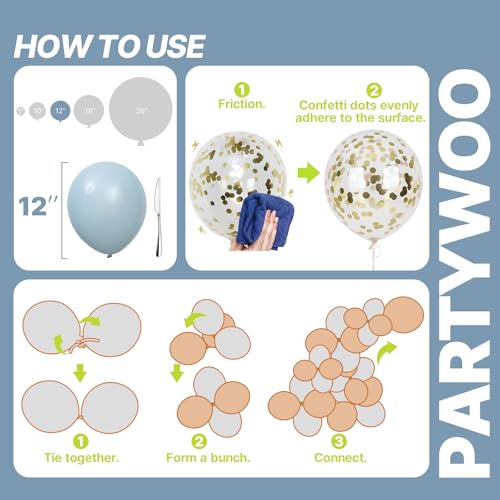 Image of PartyWoo Dusty Blue Balloons 66pcs 12 Inch Light Baby Slate Blue Off White Sand Metallic Gold Boho Confetti Balloons for Graduation Boy Baby Shower Gender Reveal Birthday Wedding Party Decorations