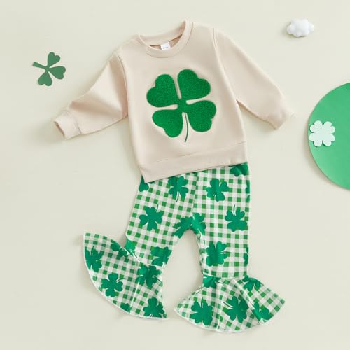 BemeyourBBs Toddler Girl St Patricks Day Outfit Baby Girl Shamrock Sweatshirt Top Flared Pants Set 2 Piece Spring Clothes3