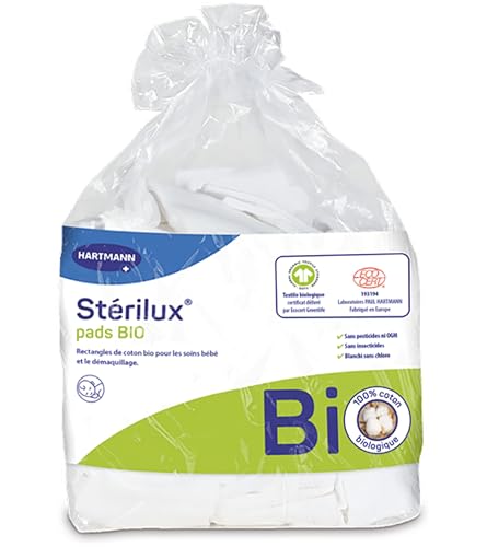 Sterilux Pads BIO - Rectangles De Coton Biologique - Doux - Ne Peluchent Pas - 7,5 x 9,5 cm - 160 Unités