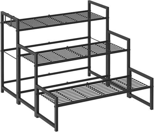 Blumenständer Pflanzenregal aus Metall 3 Stufen Pflanzenständer Blumentreppe mit Großer Kapazität Blumenregal für Outdoor Indoor Balkon Garten Regal für Zimmerpflanzen mit 2 Haken (Schwarz)