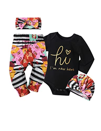 Image of WIQI Baby Girl Clothes, Newborn Girl Letter Print Romper Tops +Cute Pants +Hat +Headband 4PCS Spring Summer Outfits Set