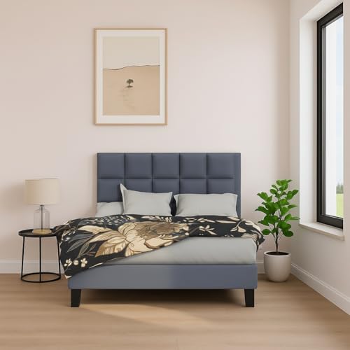 Image of Wooden Upholstered Bed Single Size Without Storage | Wrought Iron Single Size Cot with Headboard | Upholstered Bed for Bedroom | Palang Furniture for Living Room, Candler Grey, (Candler Grey)