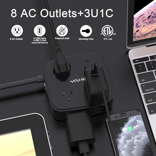 Image of YISHU 10 Ft Surge Protector Power Strip 3 Side Outlet Extender with 8 Widely AC Outlets and 4 USB Ports, 10 Feet Extension Cord with Flat Plug, Wall Mount, Desk USB Charging Station, ETL, Black