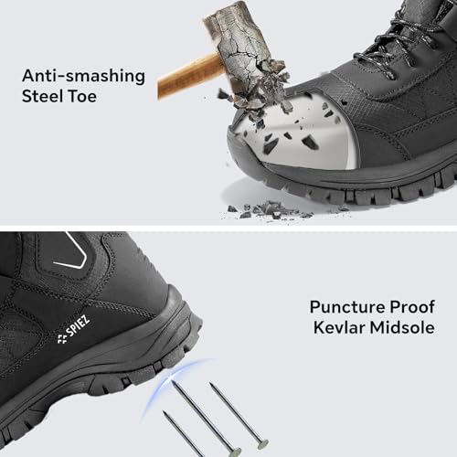SPIEZ Waterproof Steel Toe Work Boots for Men Slip Resistant Antistatic Safety Shoes High-Top Winter Industrial and Construction Boots Black US 7.5-123