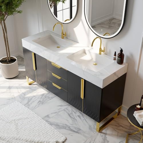 KunMai 59" Black Freestanding Bathroom Vanity with Faux Marble Top,