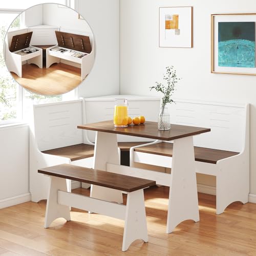 Breakfast Nook Kitchen Corner Dining Table Bench Chair Set, Hidden Storage Space-Saving 3-4 Seat L-Shape Farmhouse Mid Century Modern Style for Family Home Brown White Wood