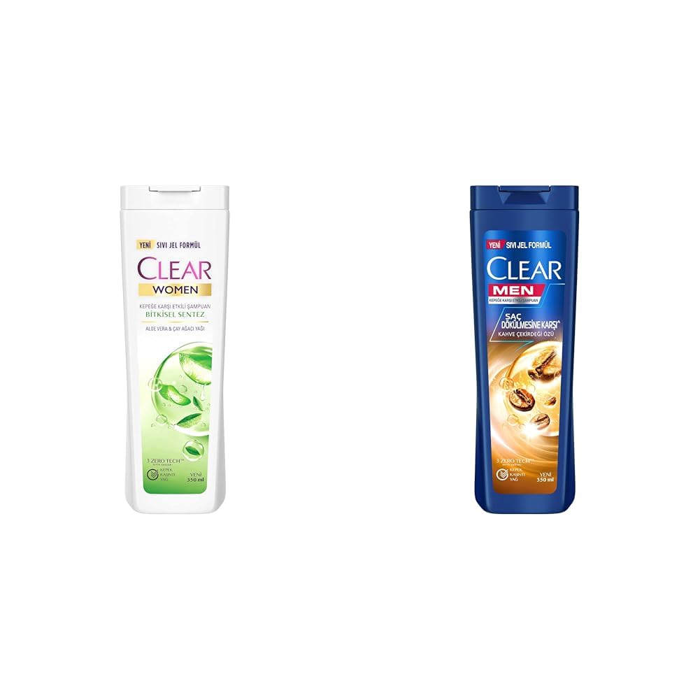 Clear Women Kepeğe Karşı Etkili Şampuan Bitkisel Sentez Aloe Vera & Çay Ağacı Yağı 350 ml(2) Clear Men Kepeğe Karşı Etkili Şampuan Saç Dökülmesine Karşı Kahve Çekirdeği Özü 350 ml(1)