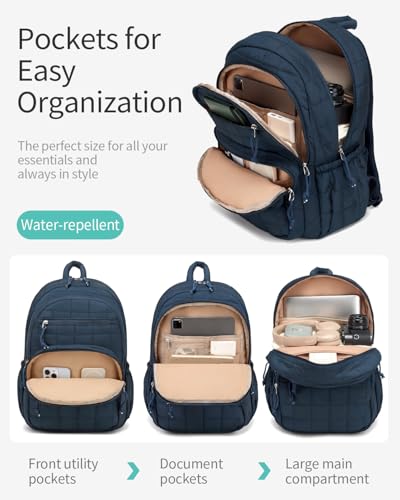 Image of Bookbag for Women, Teen Girls Backpack for High School College Student, Puffer Quilted Back Pack Cute Laptop Backpack for Work Travel Mom Casual Daypack, Navy