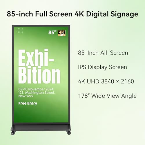 Image of 85-inch Full Screen Digital Signage Display, 4K UHD Floor Standing Kiosk with Heavy-Duty Wheels, Android 11 OS Smart Advertising Poster Media Player for Retail, Business, Restaurant, Hotel