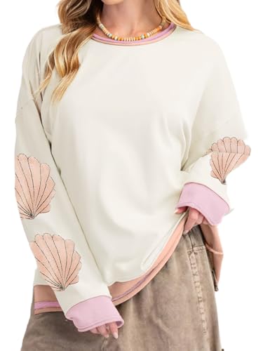 Kouoybt Women's Casual Oversized Sweatshirts Long Sleeve Crew Neck Graphic Patchwork Pullovers Oversized Tops (B-WHITE, XL)