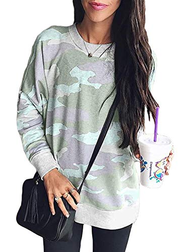 Sidefeel Women Long Sleeve Crewneck Camo Print Sweatshirt Jumper Top Large Green