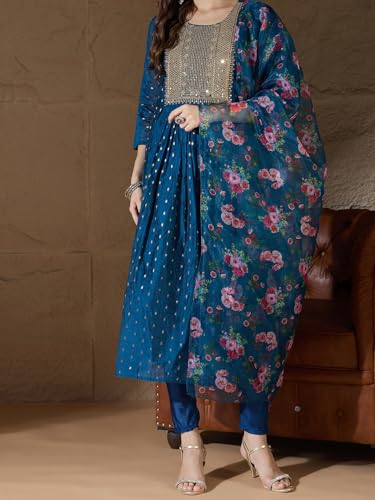 Image of Women's Chanderi Kurta with Legging and Dupatta | Modern & Traditional Blend Ethnic Wear Set | Festive & Casual Summer Kurti with Pants for Party Office & Ethnic Occasions