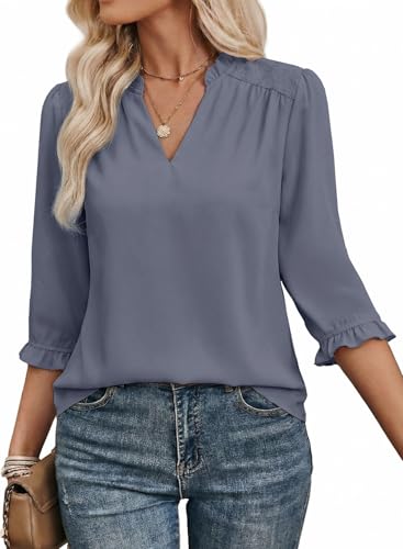 EVALESS Business Casual Tops for Women 3/4 Length Sleeve Womens Tops V Neck Lace Patchwork Work Blouses Shirts Spring Fashion Outfits Ashleigh Blue 2XL