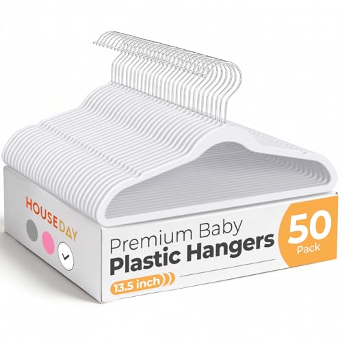 HOUSE DAY 13.5 Inch Kids Hangers 50 Pack - Premium ABS Plastic Clothes Hangers for Kids, Children, Preteens - Space Saving Thin Profile, Strong &...