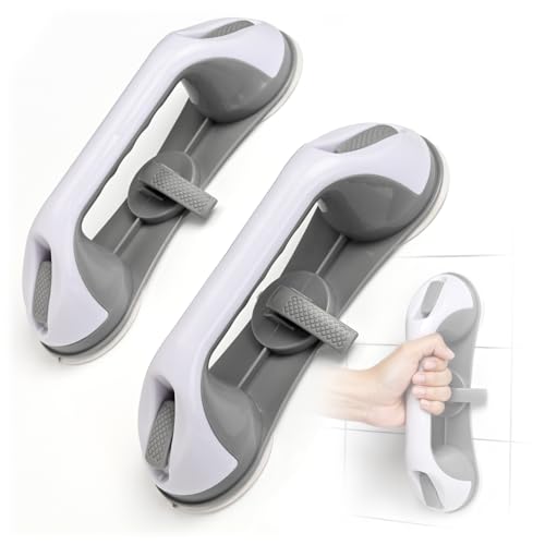 Grab Bars for Bathtubs and Showers 3 Suction Cups Shower Handle, Heavy Duty Safety Shower Grab Bars for Seniors and Elderly, Handicap Bars for Bathroom 2 Pack, Gray