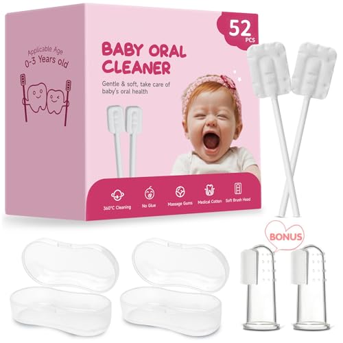Image of MOSAMNI Upgrade Baby Tongue Cleaner Newborn Infant Toothbrush 52PCS, Infant Oral Mouth Cleaner, Disposable Gum Cleaning Stick Dental Care for 0-36 Month Baby+2 Finger Toothbrush