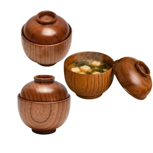 Asonsiga 3-Piece Jujube Wood Miso Soup Bowl Set with Lids, Premium Sour Jujube Wooden Bowls for Rice and Soup, Ramen, Heat-Retaining Natural Wood Dining Bowls for Home Kitchen Restaurant