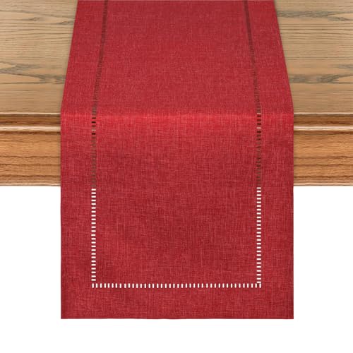 LOMOHOO Table Runner Red 30x180cm Christmas Table Runners Boho Modern Linen runners for tables with Hemstitch Design for Dining Table Xmas Birthday Valentine's Day Wedding Baby Party Decoration