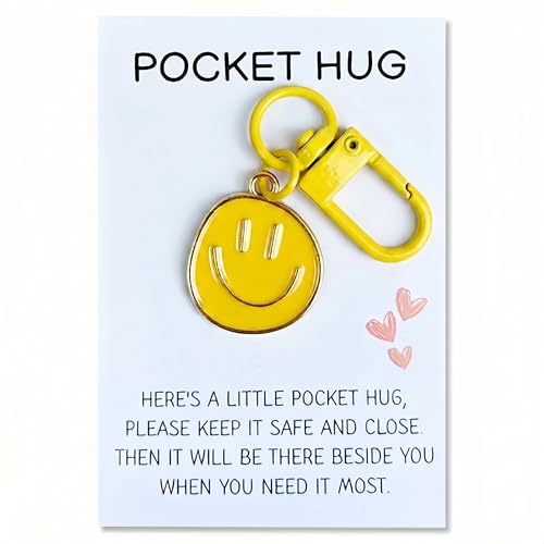 YOJO Pocket Hug Keychain Smiley Face Pocket Hug Keychain with Sentiment Card Emotional Support Keepsake Exchange Cards for Christmas Employee Appreciation (Yellow)