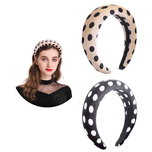 AWAYTR Velvet Padded Wave Point Headband Large Padded Velvet Races Daily Party Headpiece for Women (Champagne Black dot + Black White dot)