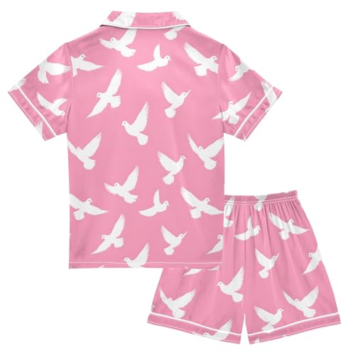 White Dove Pattern Summer Satin Pajama Set, Cute Button-Down Sleepwear Pj Set for Sleep Wears2