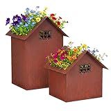 Relaxdays Gartendeko Rost, 2er Set, 2 Größen, Metall, Blumentöpfe, Lichthäuser, Rostdeko für Garten & Balkon, braun