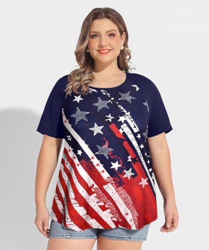 Image of CARCOS Plus Size Tops for Women Short Sleeve Raglan Striped Tee Color Block Crewneck /V Neck Tunic Loose Fit Summer XL-5XL