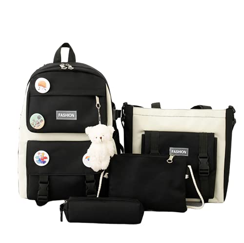 4Pcs Backpacks Combo Set with Bear Pendant for Teenage Students - Canvas Laptop School Bag Sets for Kids with Tote Pencil Case, Lunch Box Bag, Back To School Supplies Daypack Kit (Black)