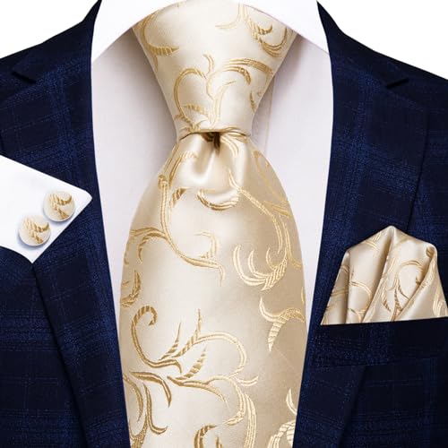 Hi-Tie Men's White Golden Floral Woven Silk Necktie with Cufflinks and Pocket Square Set