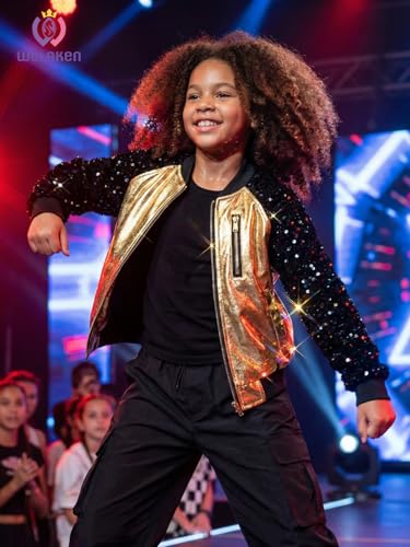 Image of WELAKEN Girls Sequin Sparkle Zip Bomber Jacket | Sequin sleeves, shiny bomber style, ribbed trim, smooth zipper and side pockets for party, dance, school and photos