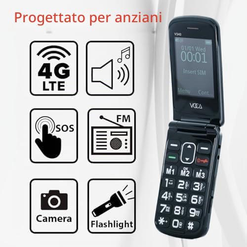 Telefono a conchiglia VOCA con tasti grandi per anziani | 4G LTE sbloccato | Volume alto | Tasto SOS | Chiamata rapida | Testo predittivo | Base di ricarica | V340 (Nero)
