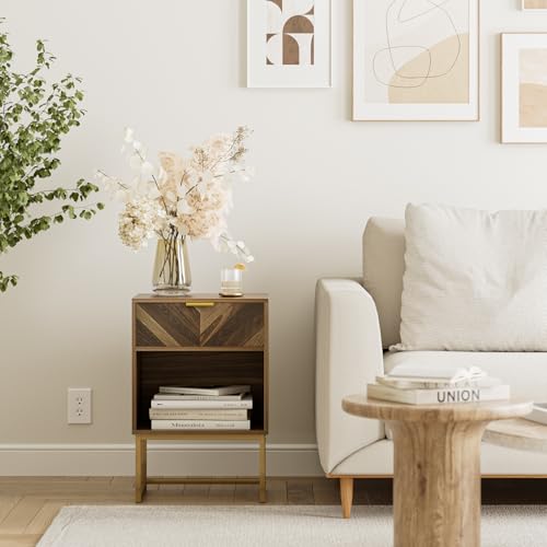 Image of Masupu Extra Large Nightstand,Boho Night Stand Modern Farmhouse Wood Bedside Table with Storage Drawer and Open Shelf,Side End Table for Bedroom,Living Room,Office Brown