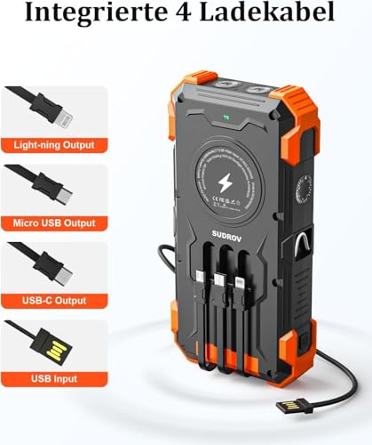 Sudrov Power Bank Solare, Caricabatterie Portatile Da 26800 Mah Con 4Cavi Integrati, Impermeabile IPX7, Anti-Caduta, Ipowerbank Wireless Con Torce Led, Per Cellulari, Tablet E Campeggio - 3