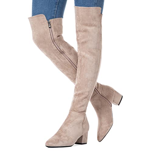N.N.G BT-210839 Women Over The Knee Boots Cream Size 9 Low Heel Winter Suede Beige Thigh High Block Long Comfort Otk Above Knee Designer Ladies Pointed Toe Boots thumb #2