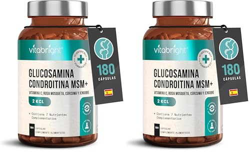 Glucosamina Condroitina MSM Capsulas x 180 | Alta Dosis MSM + Cúrcuma, Jengibre, Rosa Mosqueta | Sulfato de Glucosamina Y Condroitina Articulaciones Suplementos | 3 Meses | VitaBright (Paquete de 2)