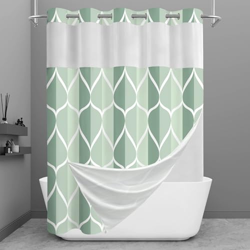 Yiatn No Hook Dark Green Double Shower Curtain with Snap in Fabric Liner Set - Hotel Style with See Through Mesh Top Window, Modern Geometric Waterdrop Design,Waterproof and Washable, 71x74 INCH