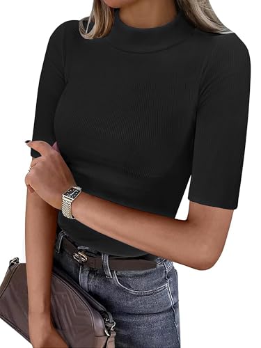 ANRABESS Womens Tops Mock Neck Half Sleeve Shirts Ribbed Knit Slim Fit Basic Tee 2025 Summer Fall Dressy Casual T-Shirts Black Small