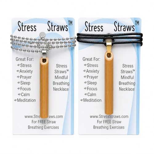Stress Straws Deluxe 2-Pack Bamboo Mindful Breathing Necklaces, Wooden Deep Breathing Tool with Gold & Silver Bail, Black Cord & Ball Chain for Calm, Focus, Meditation & Relaxation