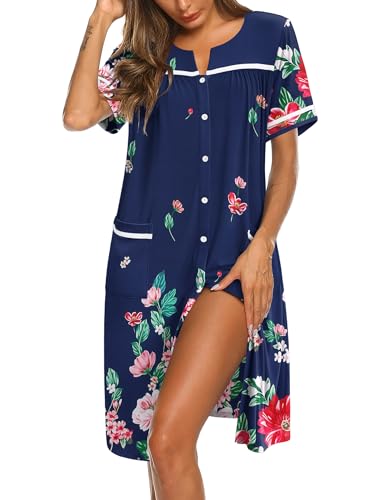 Image of Ekouaer Nightgowns for Women House Dress with Pockets Button Down Sleepshirt Short Sleeve Nightshirt Housecoat