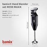 bamix Zestaw blendera M350 MAXX ręcznego z nożem uniwersalnym, do mięsa i warzyw, Trzepaczką, Tarczą do ubijania ze stali szlachetnej, 350 W, 2-st., Szwajcarski, Czar./Chrom