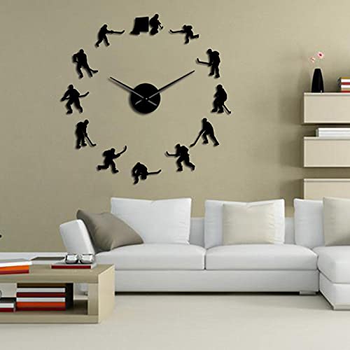 Pendules Murales Stickers Muraux Art Bricolage Grande Horloge Murale Joueurs De Hockey sur Glace Décor À La Maison sans Cadre Montre Murale Cadeau pour Homme