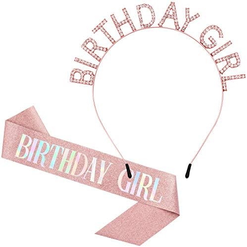 Aurmigle Glitter Birthday Girl Sash Happy Birthday Crown for women, Rhinestone Tiara Headband Set