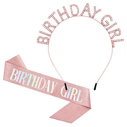 Birthday Crowns for Women, Rose-Gold Birthday Girl Sash & Birthday Tiara for Women Set, Princess Rhinestone Birthday Girl Headband Birthday Gifts for Women, Sweet Happy Birthday Accessories