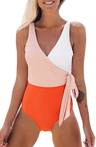 CUPSHE Women's Orange White Bowknot Bathing Suit Padded One Piece Swimsuit, M