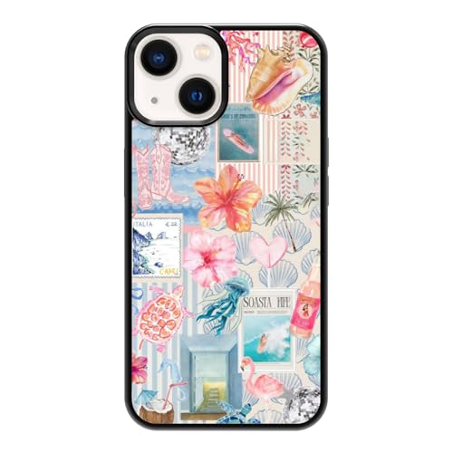 JKLASD European Summer Collage Phone Case Compatible with iPhone 14,Cute Pink Aesthetic Hibiscus and Turtle Coquette Case for Women Girls